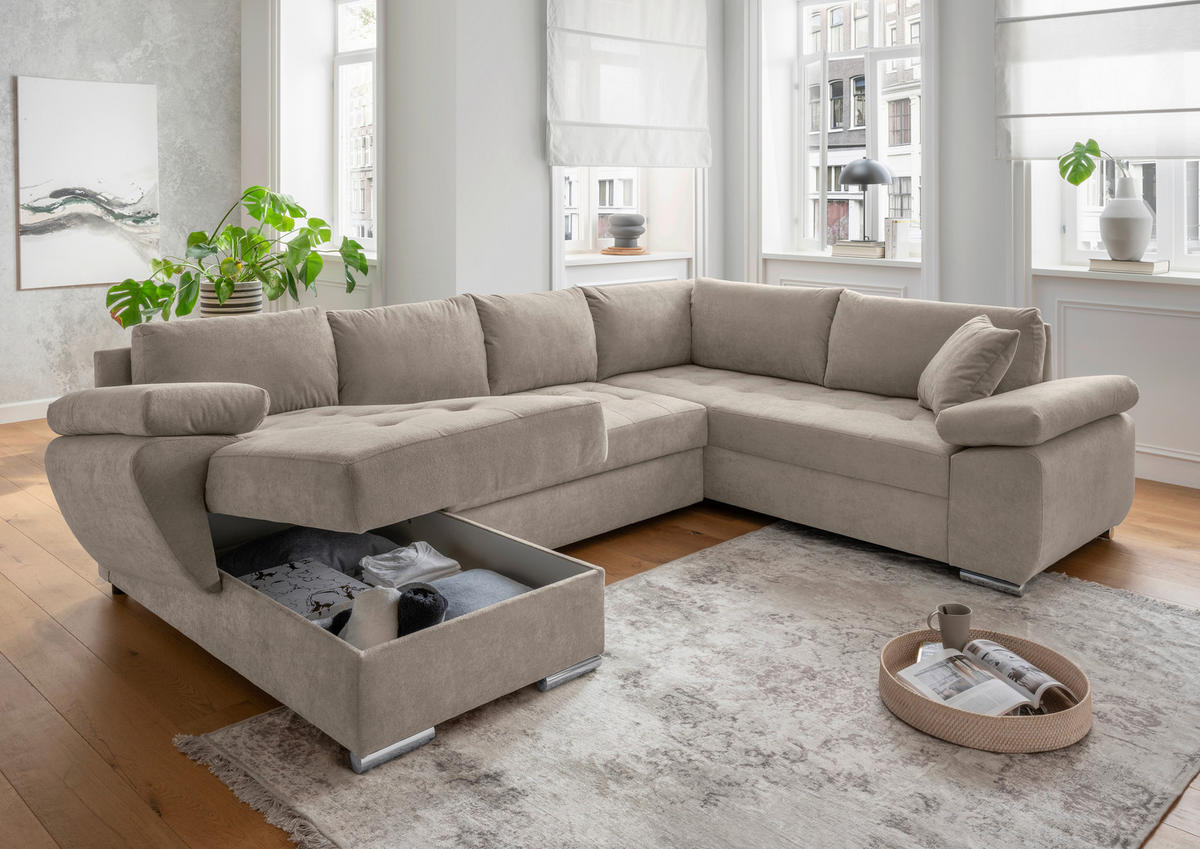 WOHNLANDSCHAFT in Mikrofaser Taupe  - Taupe/Chromfarben, KONVENTIONELL, Textil/Metall (157/305/219cm) - Livetastic