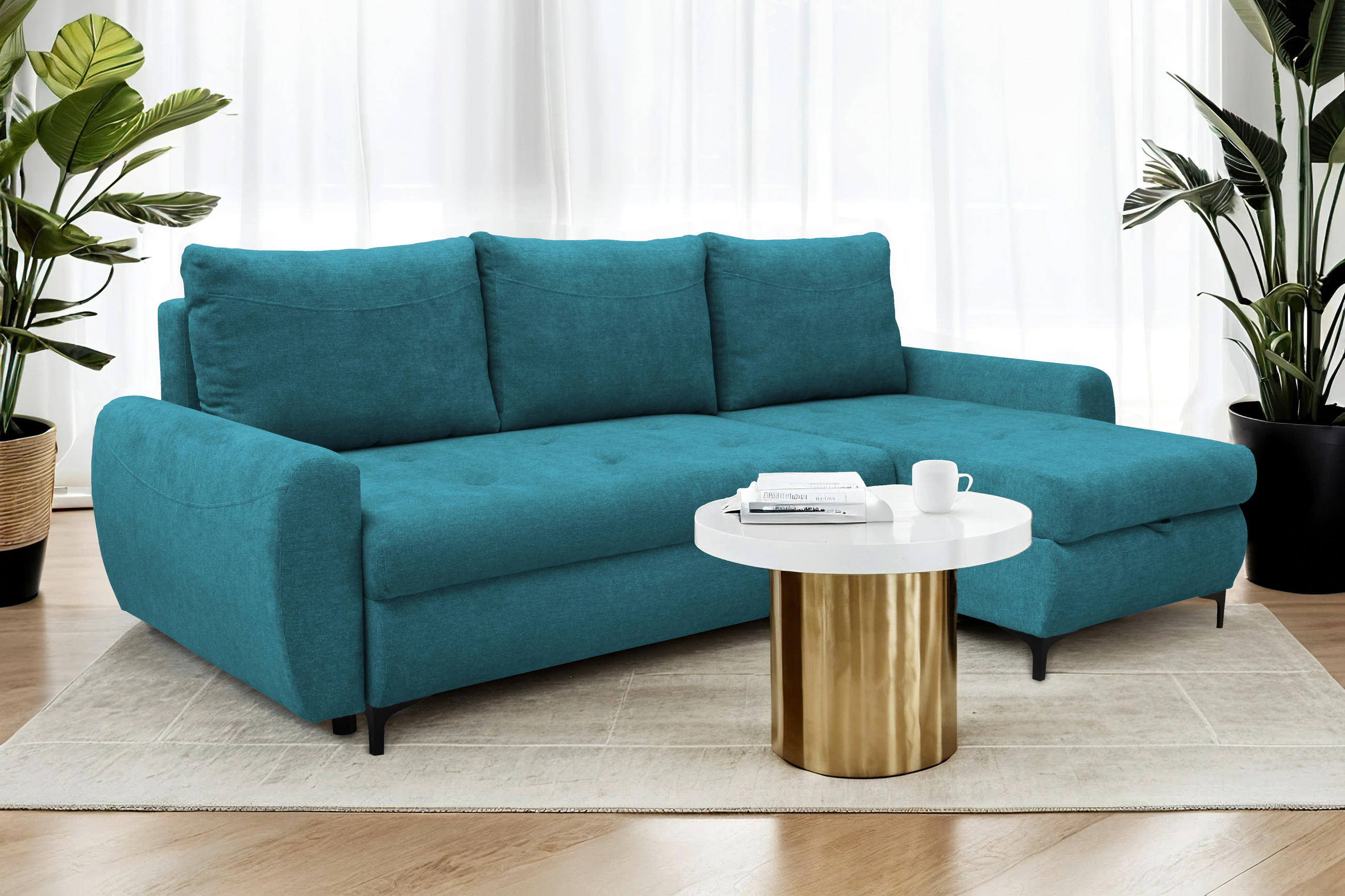 ECKSCHLAFSOFA Mikrofaser Türkis  - Türkis/Schwarz, KONVENTIONELL, Textil/Metall (237/146cm) - Livetastic