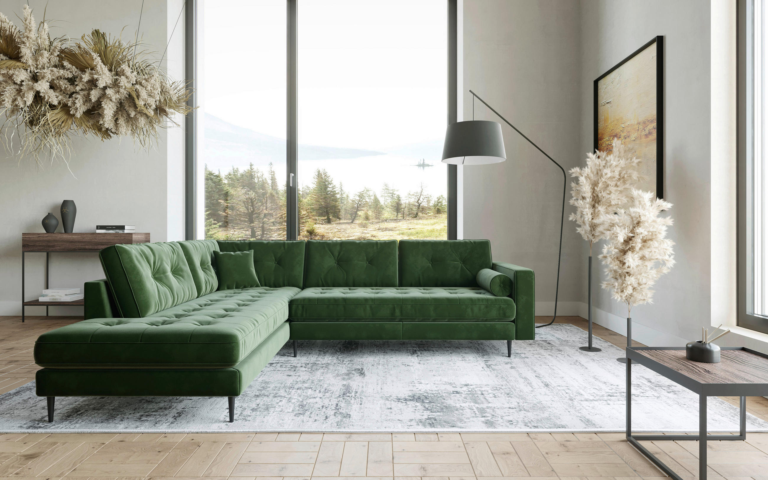 HÖRNSOFFA i flatväv olivgrön  - stålfärgad/olivgrön, Design, metall/textil (259/205cm) - Livetastic
