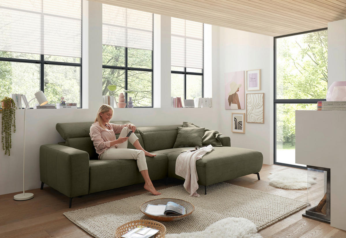 ECKSOFA in Feincord Olivgrün  - Schwarz/Olivgrün, Design, Textil/Metall (294/172-177cm) - Pure Home Lifestyle