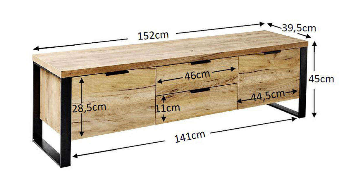 TV-ELEMENT - Eichefarben/Anthrazit, Design, Holzwerkstoff/Metall (152/45/40cm)