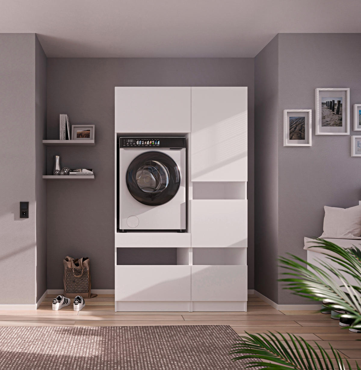 WASCHMASCHINENSCHRANK 68/200/68 cm  in Weiß  - Schwarz/Weiß, Design, Holzwerkstoff/Metall (68/200/68cm) - Milino
