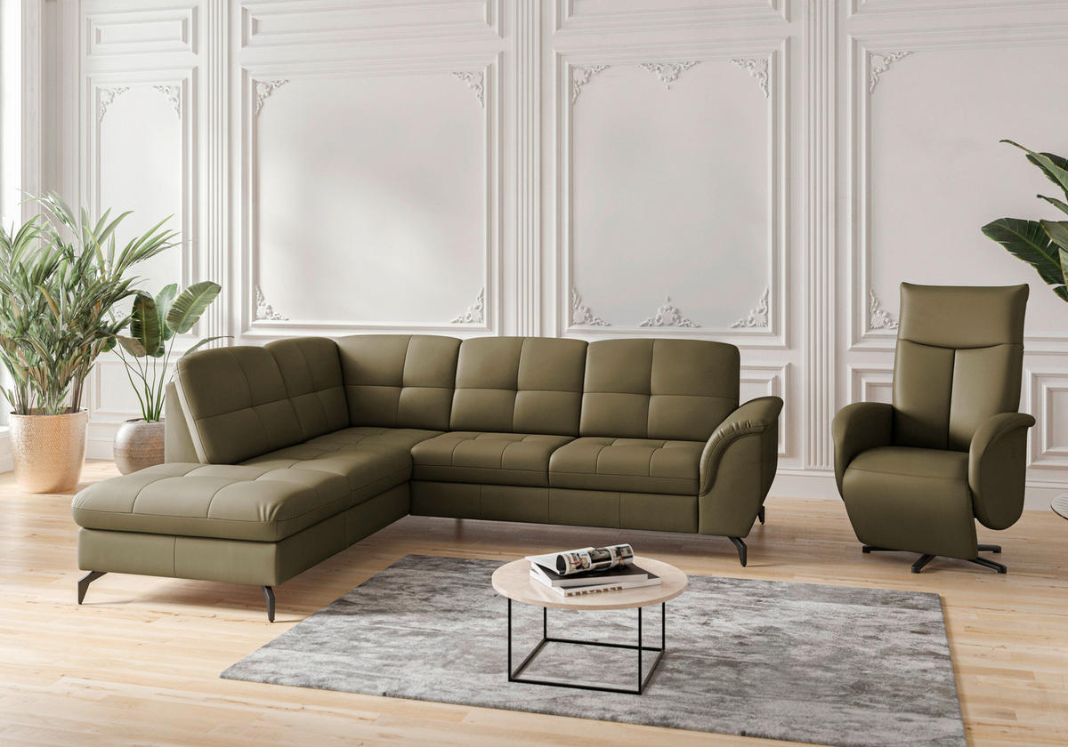 ECKSOFA in Vliesstoff Kombination Echtleder/Stoff Olivgrün  212/244 cm  - Schwarz/Olivgrün, MODERN, Leder/Textil (212/244cm) - Sit & More