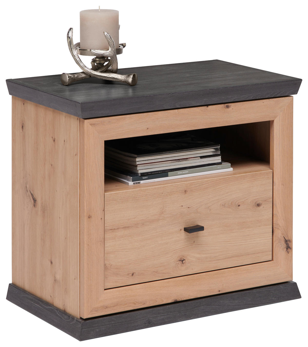 NOČNÍ STOLEK, tmavě šedá, dub artisan, 63/55/38 cm - tmavě šedá/dub artisan, Romantický / Rustikální, kov/kompozitní dřevo (63/55/38cm) - Hom`in