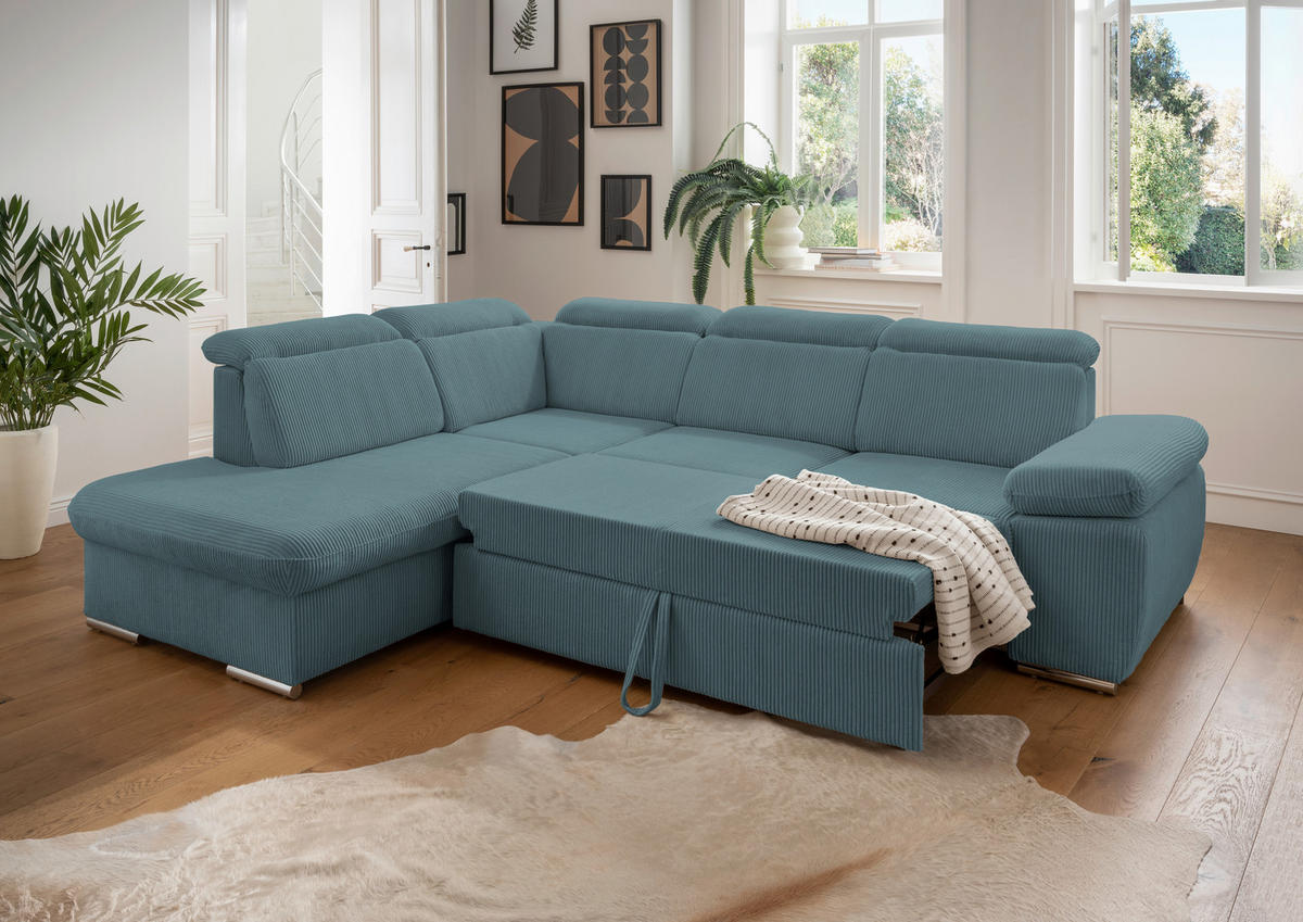 ECKSOFA Cord Petrol  - Chromfarben/Petrol, Design, Textil/Metall (228/283cm) - Livetastic