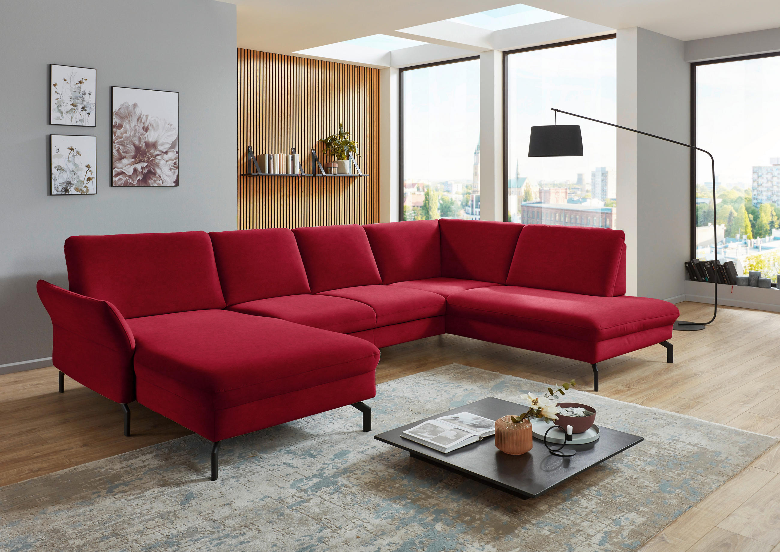 WOHNLANDSCHAFT Rot Velours  - Rot/Schwarz, Design, Textil/Metall (179/335/220cm) - Beldomo System
