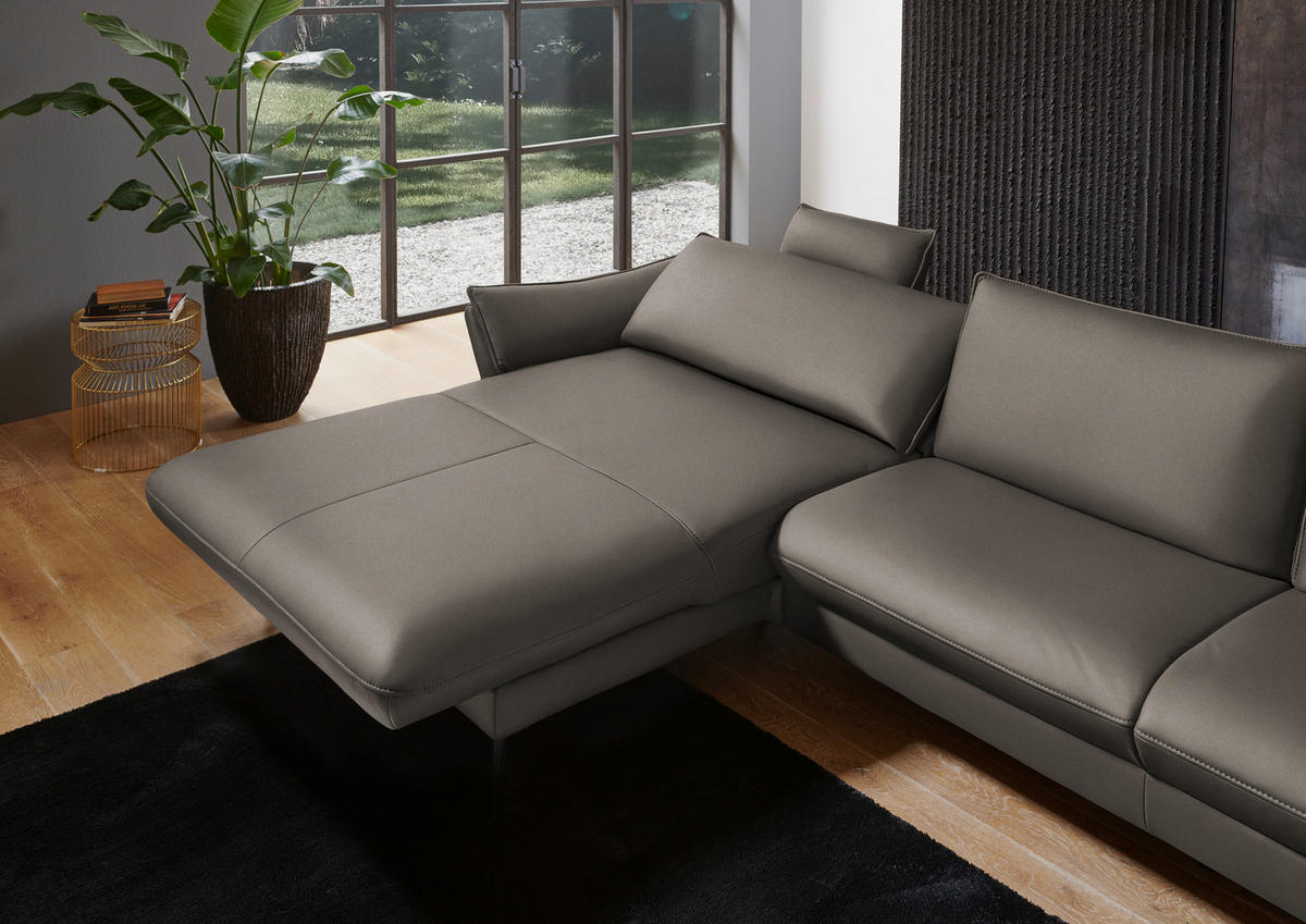 ECKSOFA in Echtleder Graubraun  - Graubraun/Schwarz, Design, Leder/Metall (172/334cm) - Valdera
