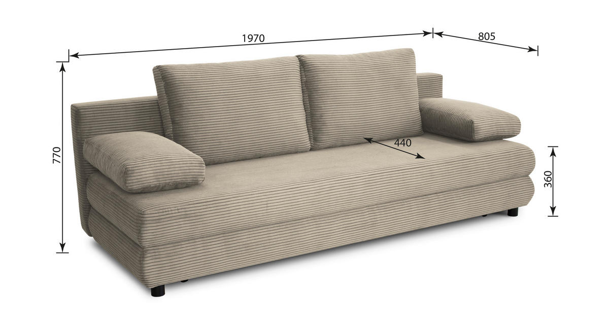 SCHLAFSOFA Cord Taupe  - Taupe/Schwarz, Design, Kunststoff/Textil (197/77/81cm) - home24