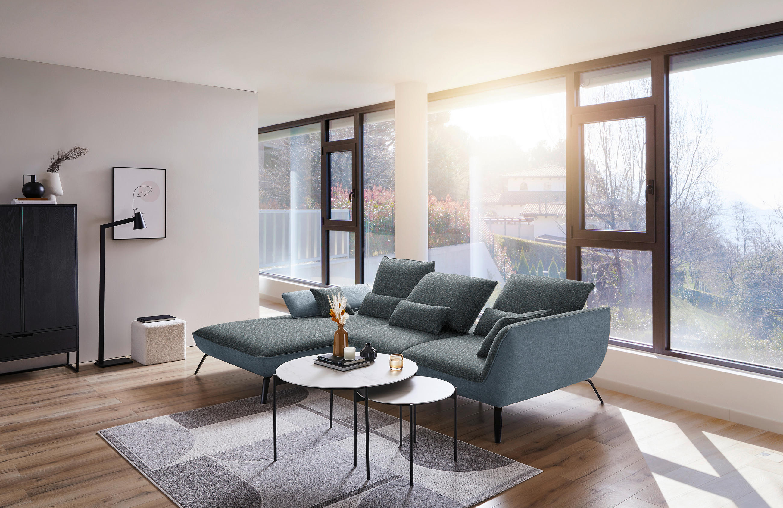 ECKSOFA in Flachgewebe Blaugrau  - Blaugrau/Schwarz, Design, Textil/Metall (191/301cm) - Moderano