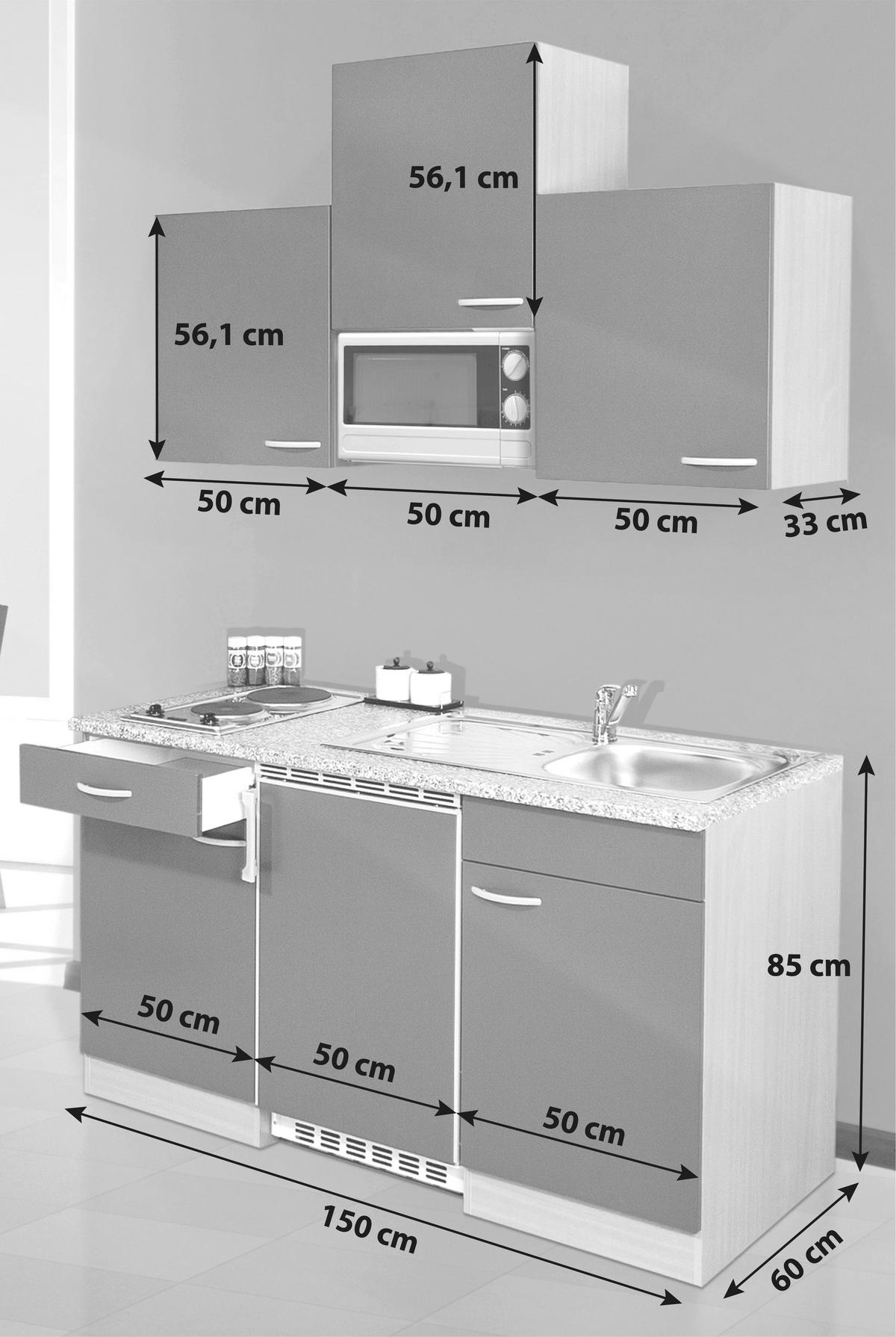 MINIKÜCHE 150 cm   in Buchefarben  - Buchefarben/Alufarben, Konventionell, Holzwerkstoff/Kunststoff (150cm) - Respekta