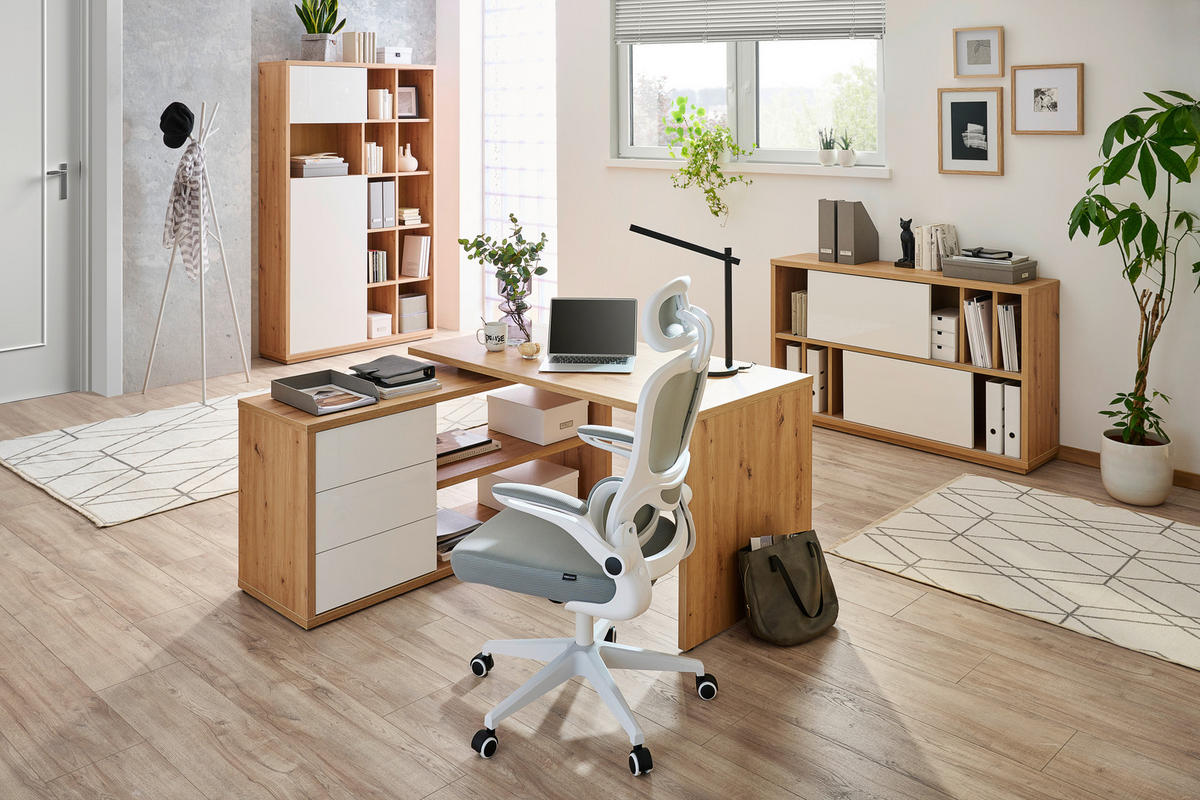 AKTENSCHRANK 139/84/35,5 cm  - Weiss Hochglanz/Eiche Artisan, Design, Holzwerkstoff (139/84/35,5cm) - Stylife
