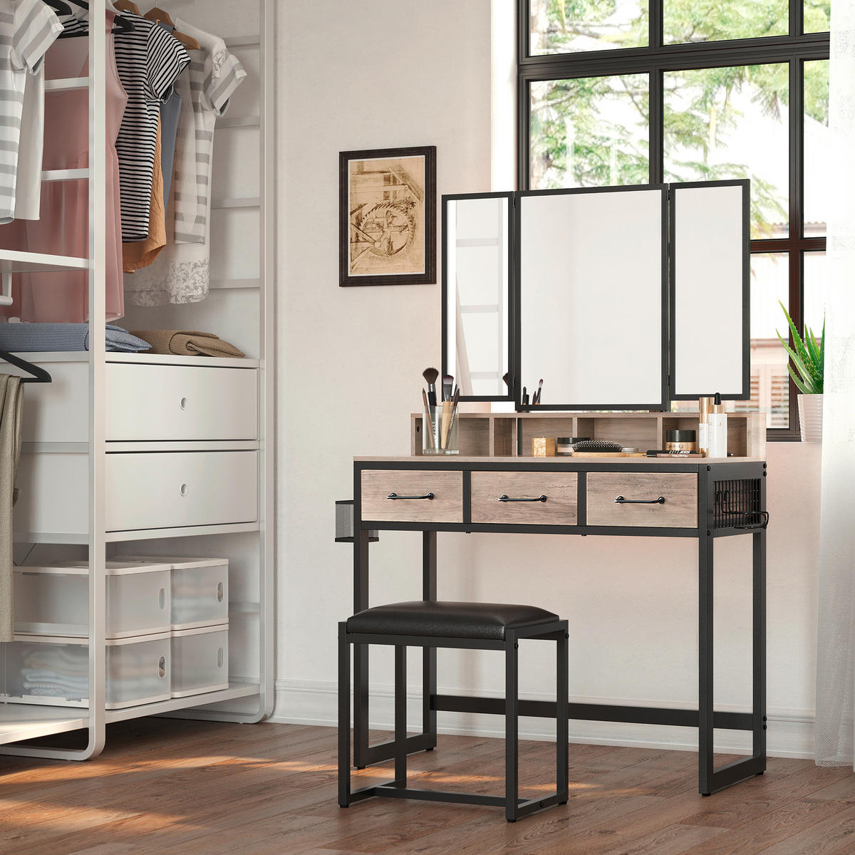 SCHMINKTISCH Greige, Schwarz  - Greige/Schwarz, Trend, Glas/Holzwerkstoff (90/40/141cm) - Boxxx