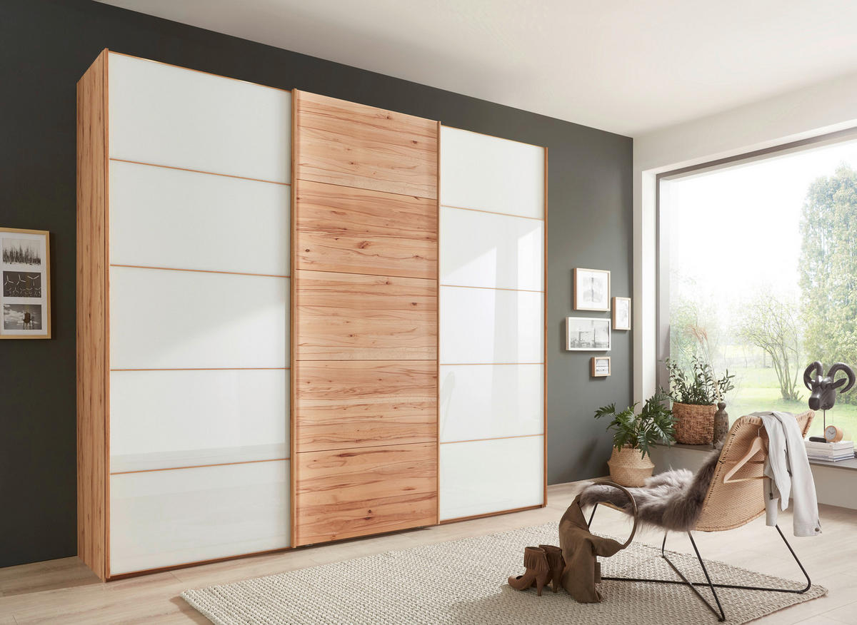 SCHWEBETÜRENSCHRANK 250/217/67 cm 3-türig Weiß, Buchefarben  - Buchefarben/Weiß, Natur, Glas/Holz (250/217/67cm) - Linea Natura