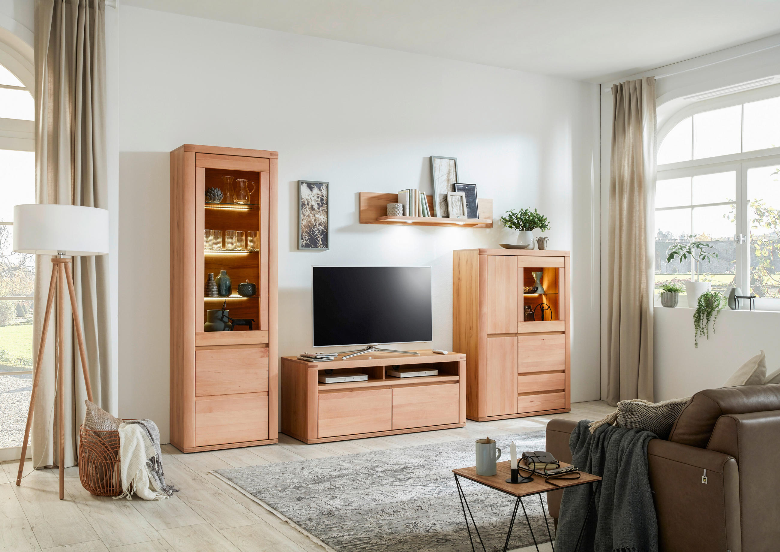 WOHNWAND  in Kernbuche  318/203,6/50 cm  - Kernbuche/Grau, KONVENTIONELL, Glas/Holz (318/203,6/50cm) - Voleo