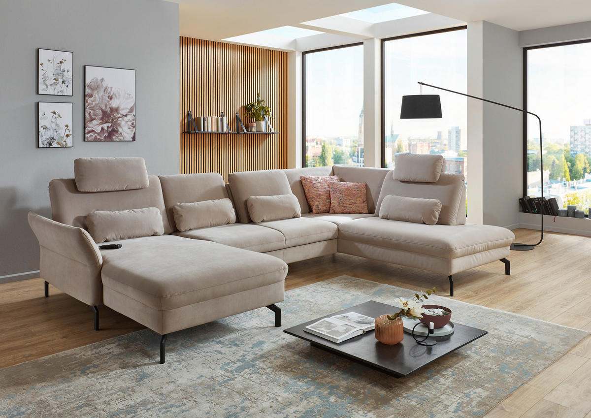 WOHNLANDSCHAFT in Velours Graubraun  - Graubraun/Schwarz, Design, Textil/Metall (179/335/220cm) - Beldomo System