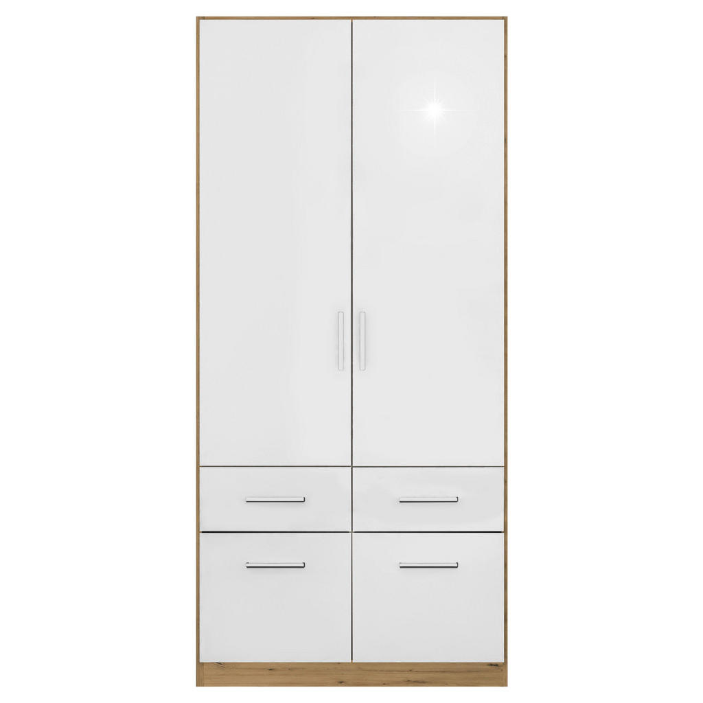 Thumbnail - Rauch Möbel Drehtürenschrank, Eiche Artisan, Weiß Hochglanz, Kunststoff, 4 Schubladen, 91x210x54 cm, Blauer Engel, Made ...