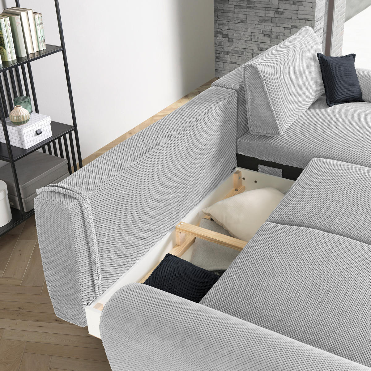 ECKSOFA in Webstoff Ecru  - Ecru/Schwarz, Design, Textil/Metall (272/170cm) - Welnova