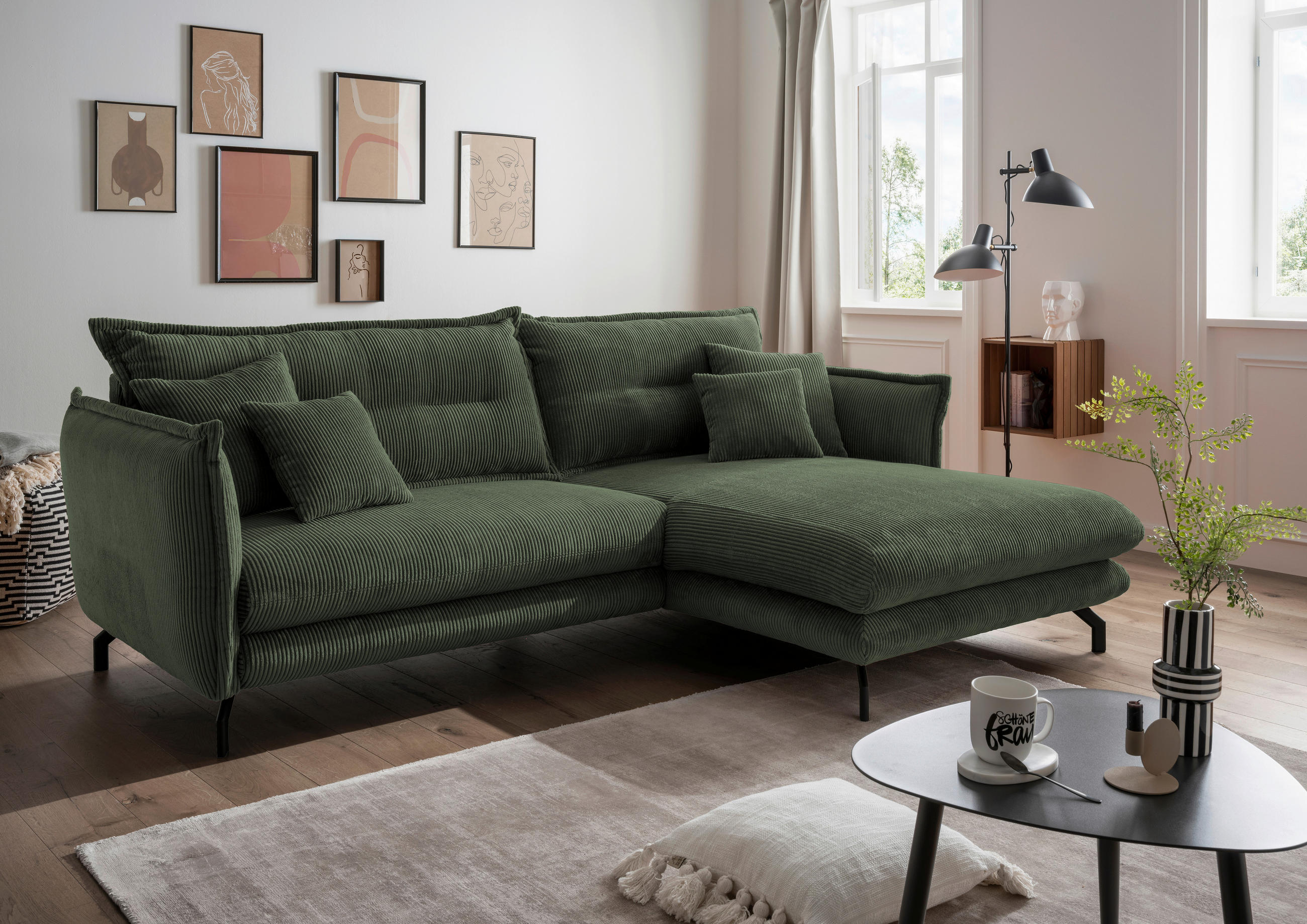 ECKSOFA in Cord Grün  - Schwarz/Grün, Modern, Textil/Metall (255/180cm) - Livetastic