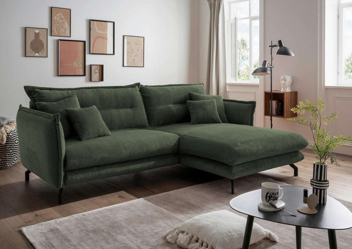 ECKSOFA in Cord Grün  - Schwarz/Grün, Modern, Textil/Metall (255/180cm) - Livetastic