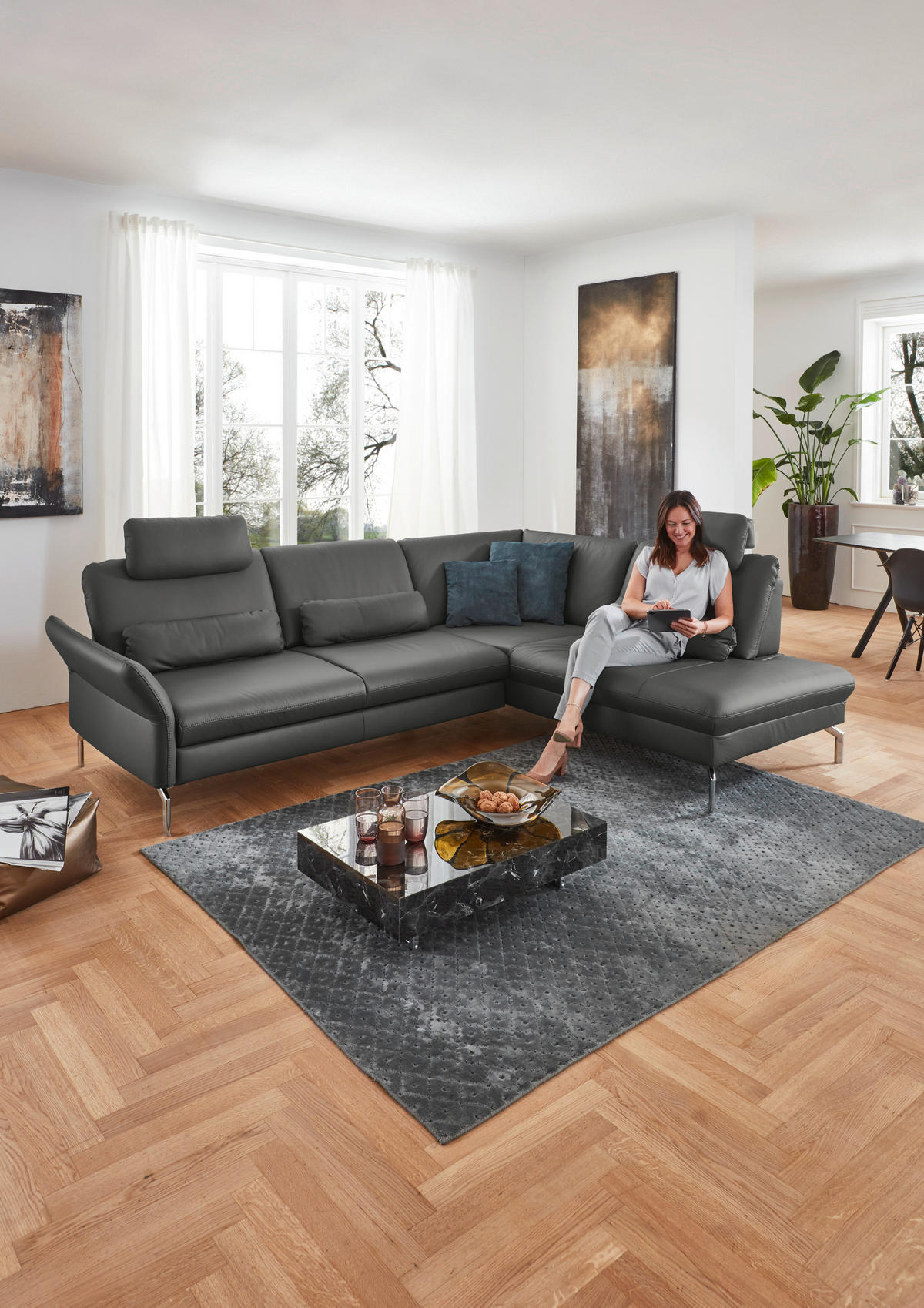 ECKSOFA in Echtleder Anthrazit  284/220 cm  - Anthrazit/Alufarben, KONVENTIONELL, Leder/Metall (284/220cm) - Beldomo Premium
