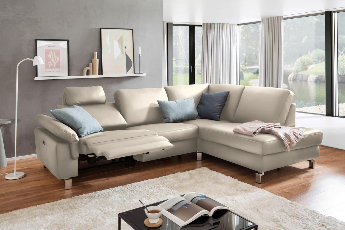 ECKSOFA in Echtleder Beige  - Chromfarben/Beige, Design, Leder/Metall (271/200cm) - Pure Home Lifestyle