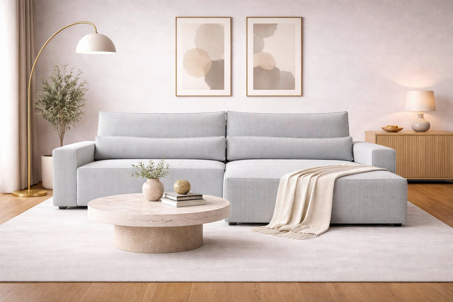 ECKSOFA BRAZIL L Hellgrau Cord Rückenkissen, Schlaffunktion, Rücken echt, Stauraum  - Hellgrau/Schwarz, Design, Kunststoff/Textil (290/200cm) - MID.YOU