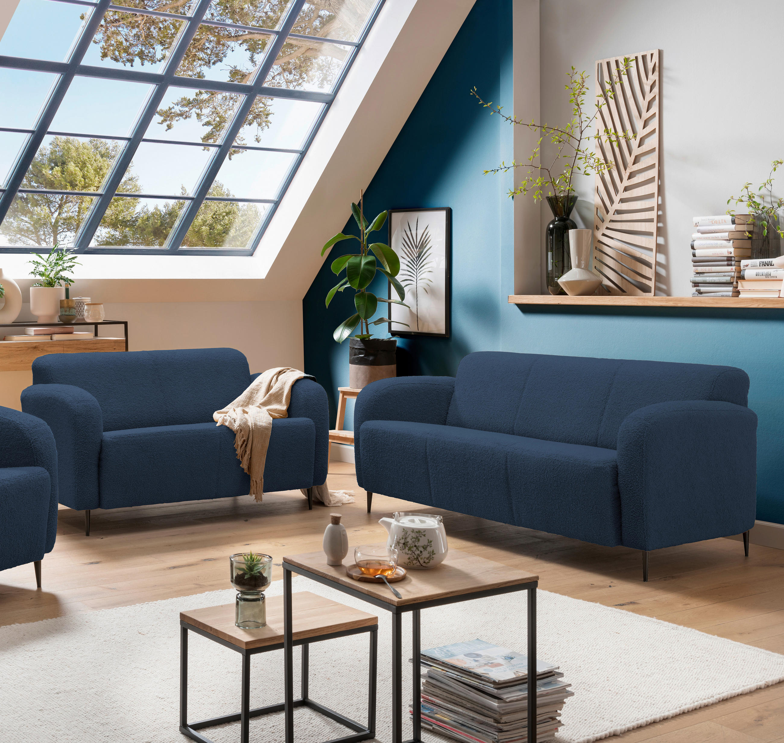 SITZGARNITUR in Teddystoff Blau  - Blau/Schwarz, Modern, Textil/Metall (180/76/90cm) - Livetastic