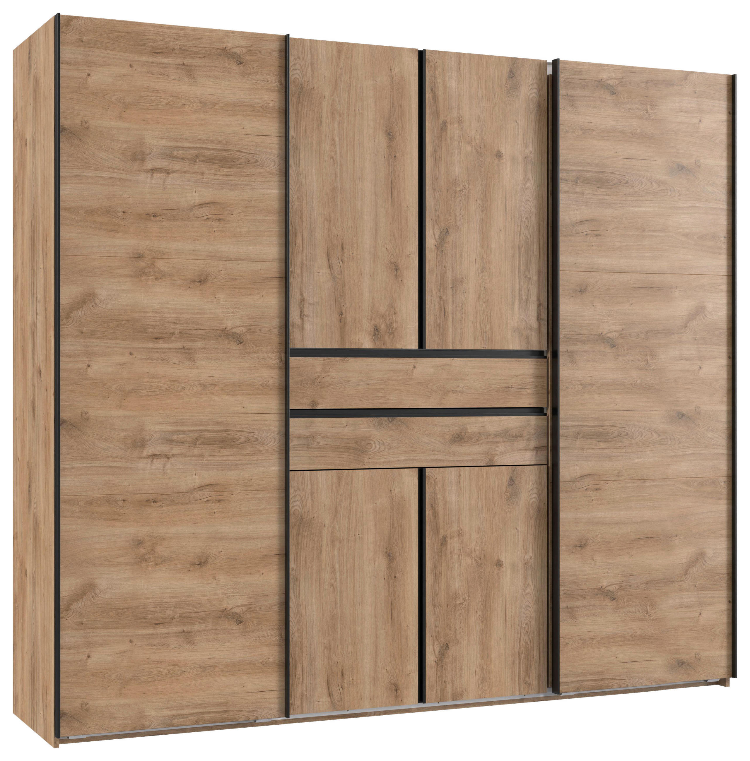 KLEIDERSCHRANK 250/216/65 cm,  in Plankeneiche, 6-türig  - Plankeneiche/Schwarz, Design, Holzwerkstoff/Metall (250/216/65cm) - Stylife