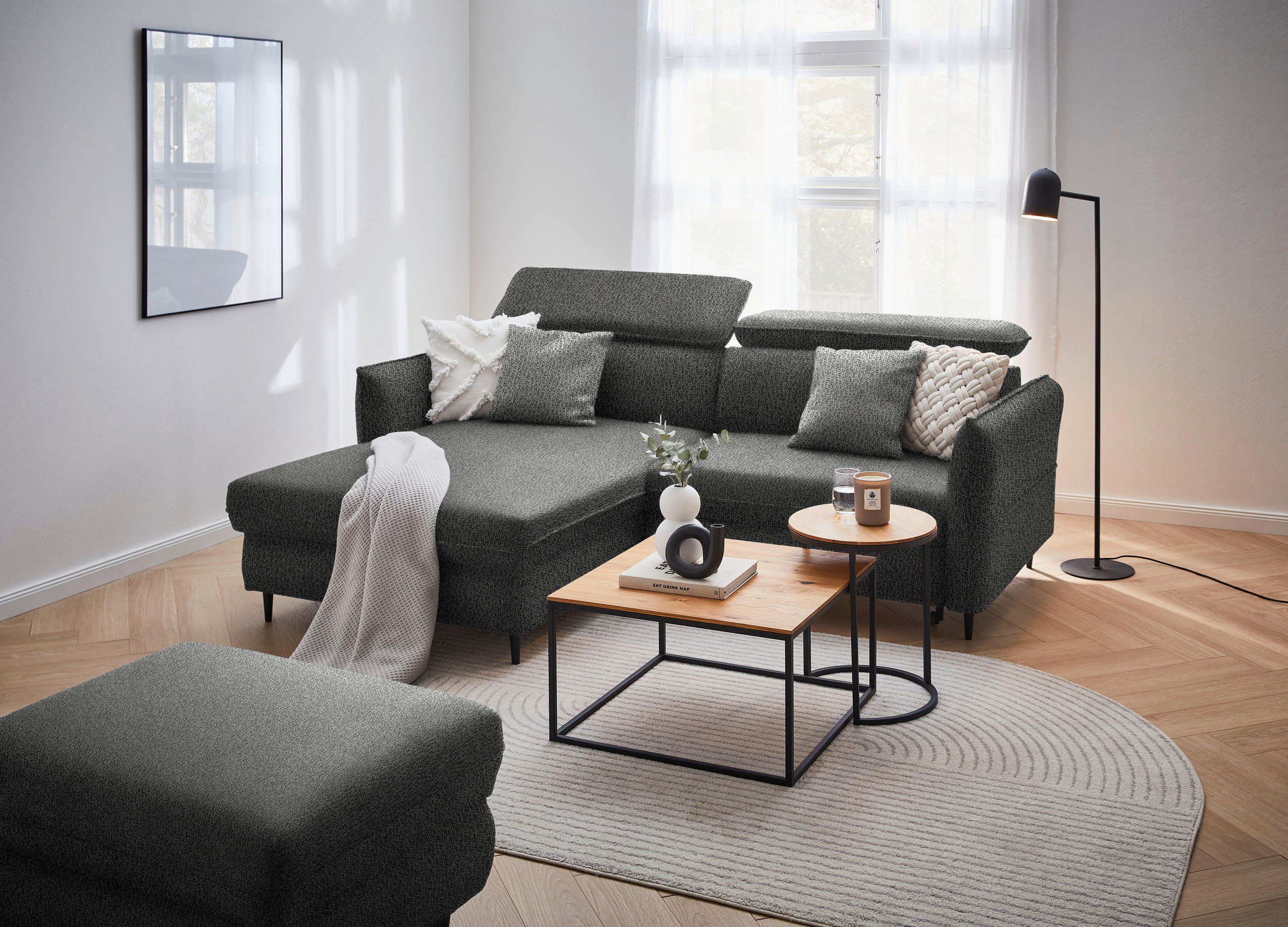 ECKSOFA in Flachgewebe Graubraun  - Graubraun/Schwarz, Design, Holz/Textil (185/232cm) - Stylife