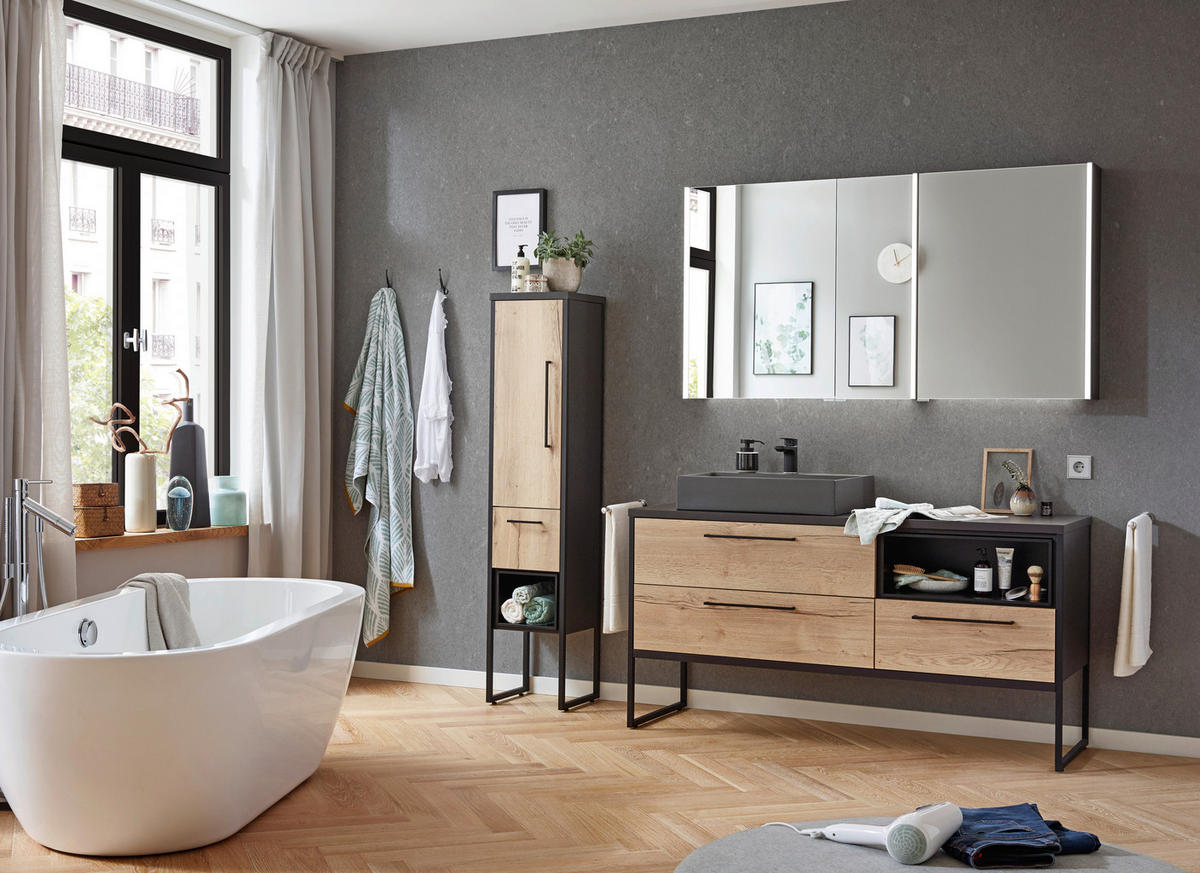 BADEZIMMER  in 154,6 cm  - Dunkelgrau/Eichefarben, Modern, Glas/Keramik (154,6cm) - Dieter Knoll