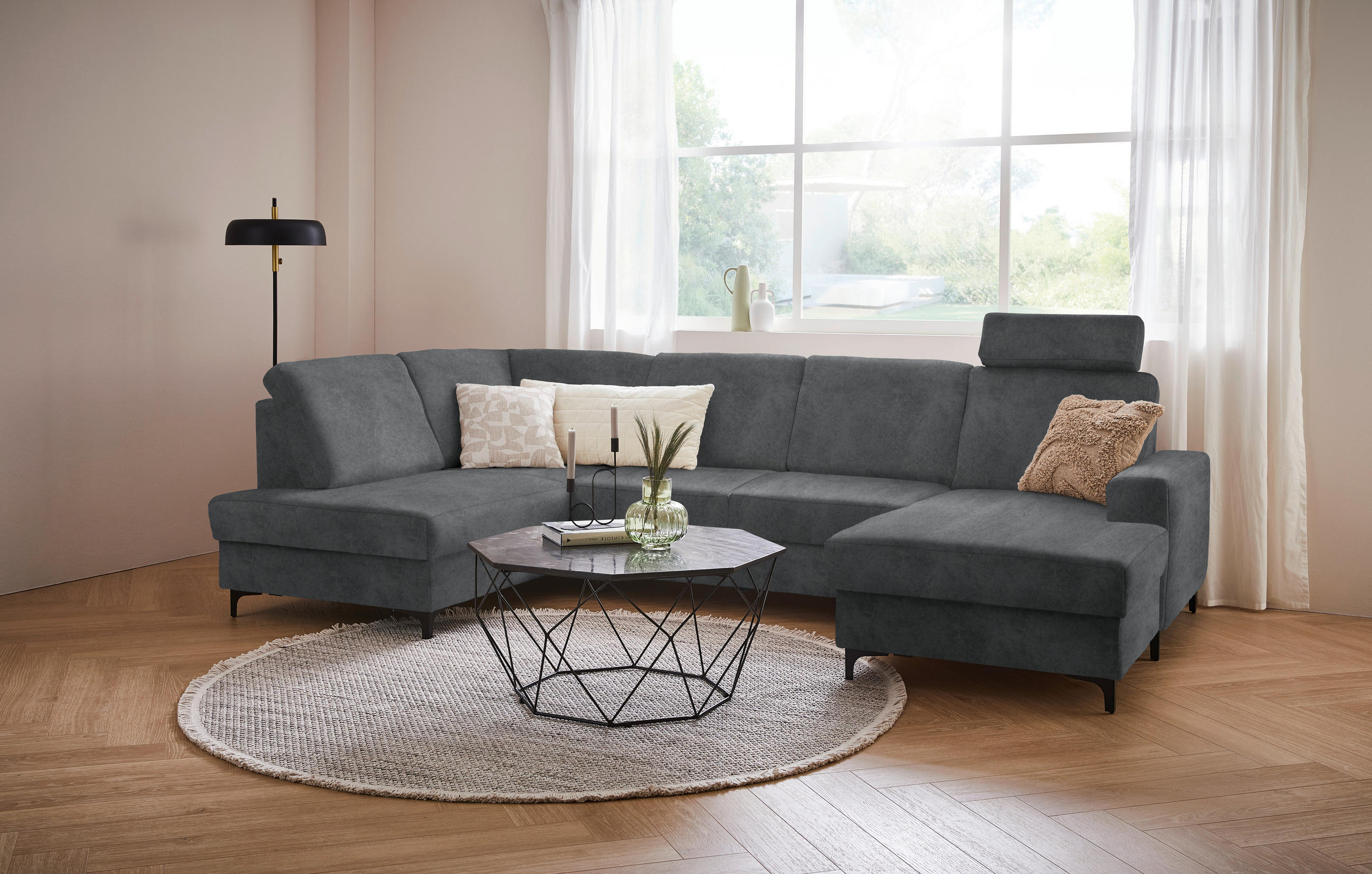 WOHNLANDSCHAFT in Flachgewebe Grau  - Schwarz/Grau, Konventionell, Textil/Metall (185/317/167cm) - Stylife