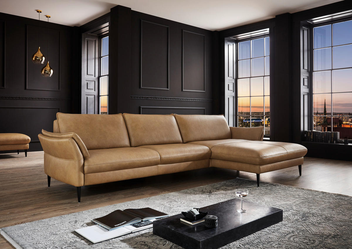 ECKSOFA Dunkelgelb Echtleder  - Dunkelgelb/Schwarz, Design, Leder/Metall (172/334cm) - Hukla