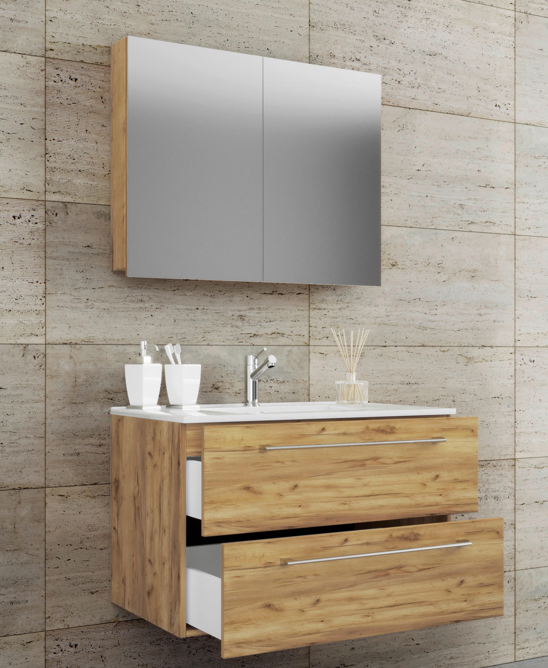 BADEZIMMER 3-teilig  in 80 cm  - Honigeiche/Alufarben, MODERN, Keramik/Holzwerkstoff (80cm) - MID.YOU