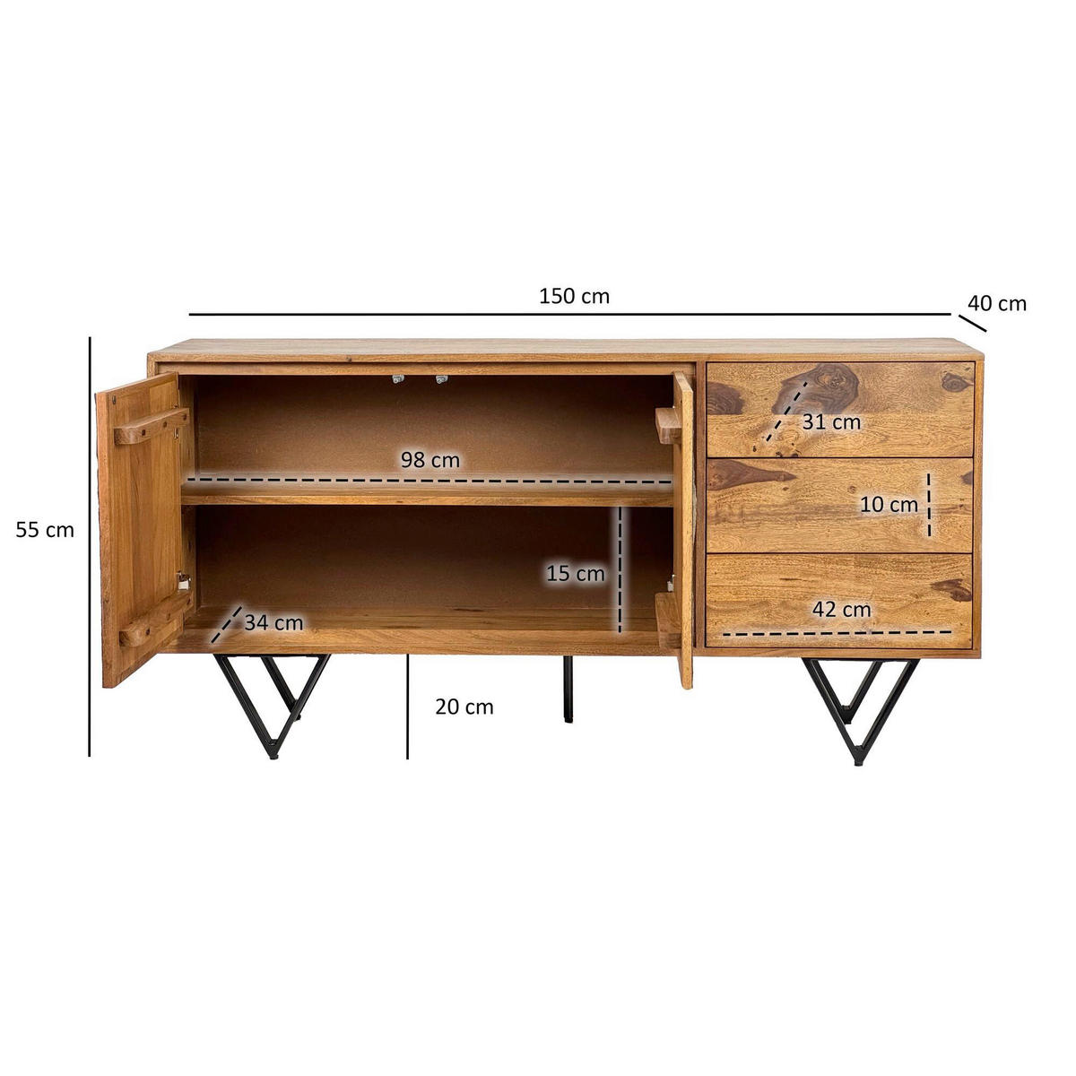SIDEBOARD  in 150/55/40 cm  - Sheeshamfarben/Multicolor, Design, Holz/Metall (150/55/40cm) - MID.YOU