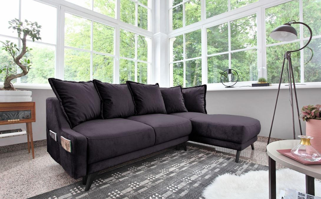 ECKSCHLAFSOFA Dunkelgrau Velours - Dunkelgrau/Schwarz, Basics, Holz/Textil (225/80/90/155cm) - MID.YOU