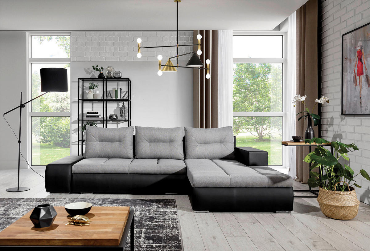 ECKSOFA in Webstoff Schwarz, Hellgrau  275/180 cm  - Chromfarben/Hellgrau, Design, Textil/Metall (275/180cm) - MID.YOU