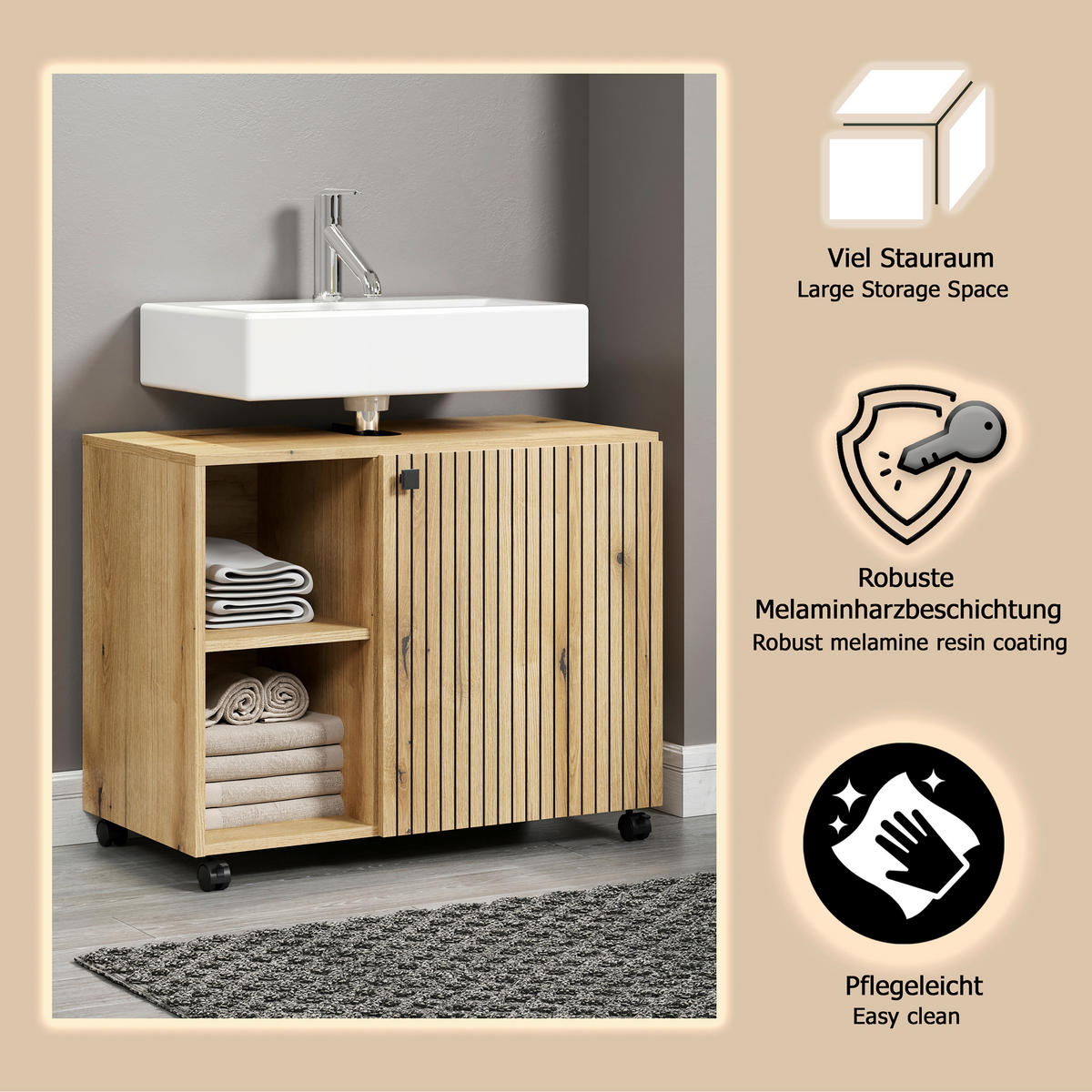 WASCHBECKENUNTERSCHRANK 80/64/42 cm  - Eichefarben/Schwarz, Trend, Holzwerkstoff/Kunststoff (80/64/42cm) - MID.YOU