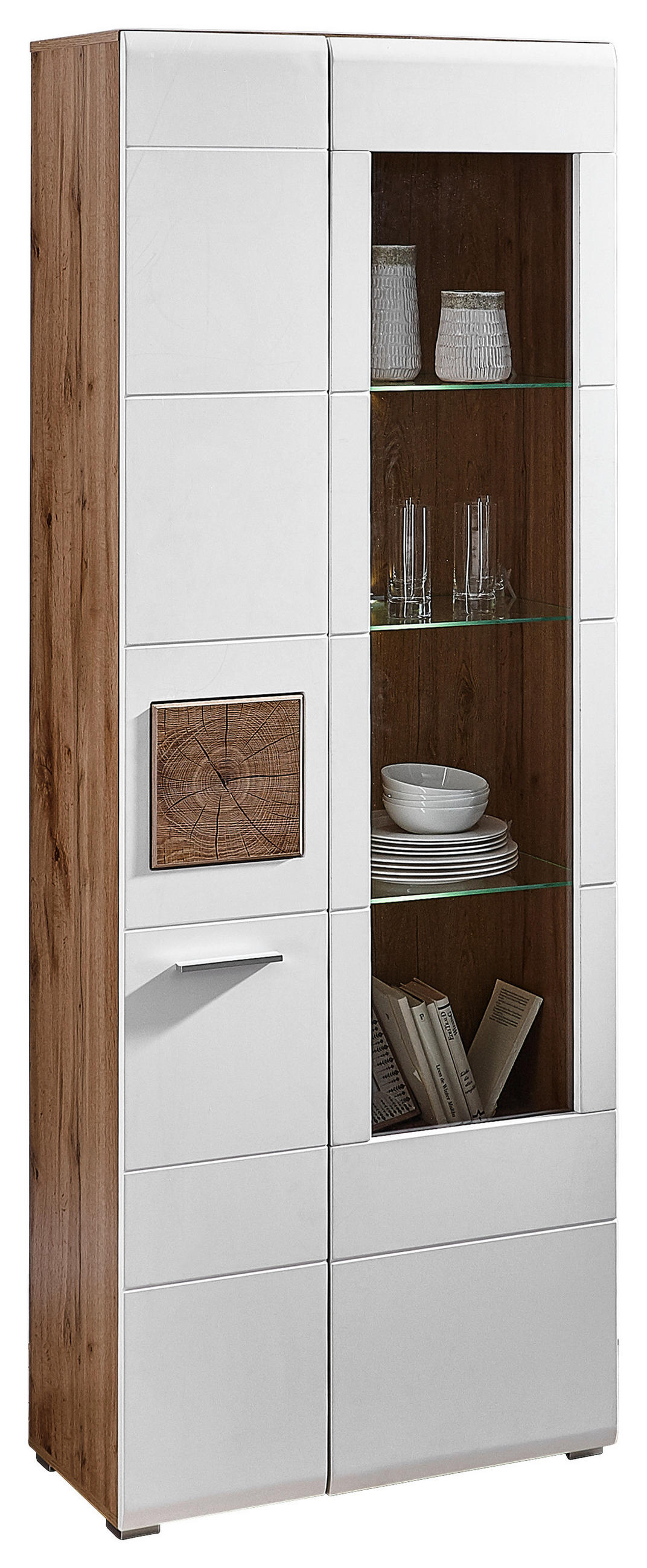 VITRINA, bela, barve hrasta - barve kroma/barve hrasta, Konvencionalno, umetna masa/steklo (75/202/37cm) - Hom`in