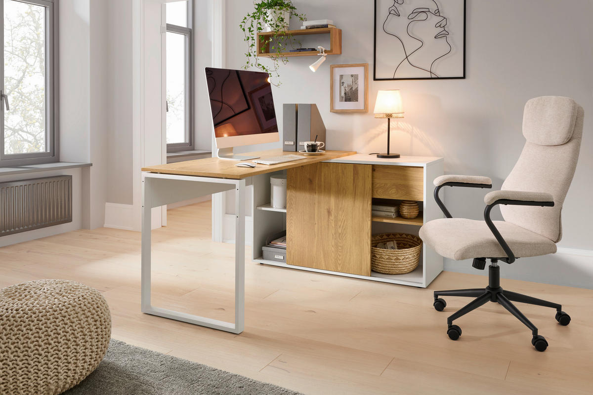 SAROKÍRÓASZTAL 140/75/118 cm  - tölgyfa színű/fehér, Modern, faalapú anyag/fém (140/75/118cm) - Livetastic