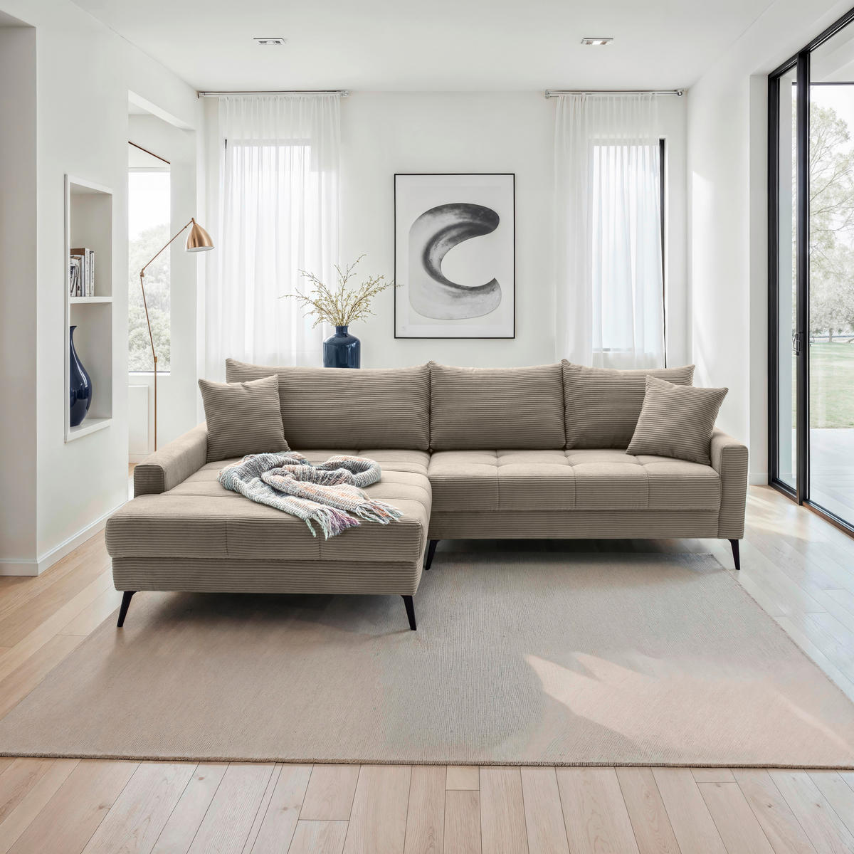 ECKSOFA Taupe Cord  - Taupe/Schwarz, KONVENTIONELL, Textil/Metall (173/280cm) - Hom`in