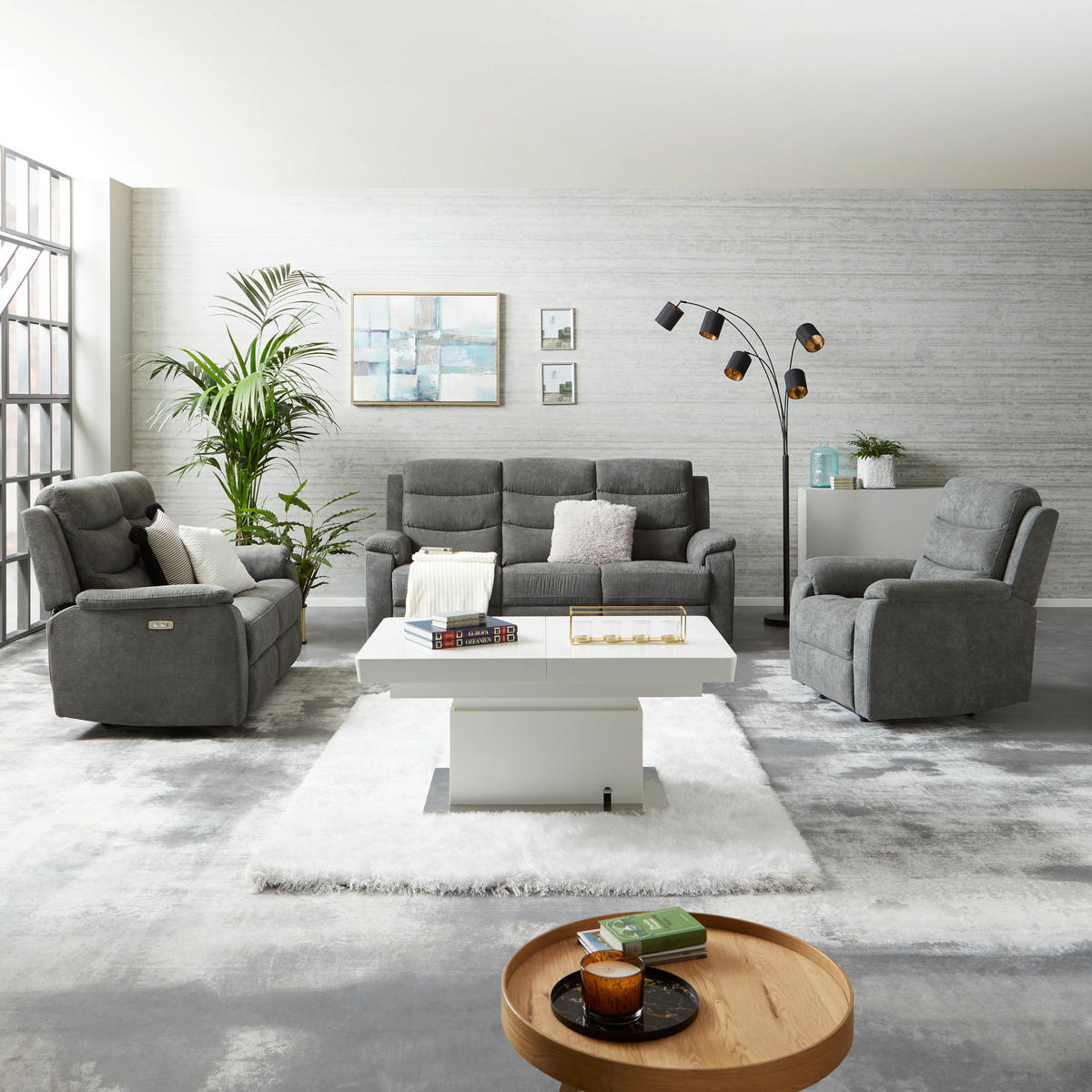 3-SITZER-SOFA Webstoff Grau  - Schwarz/Grau, KONVENTIONELL, Kunststoff/Textil (208/102/93cm) - P & B