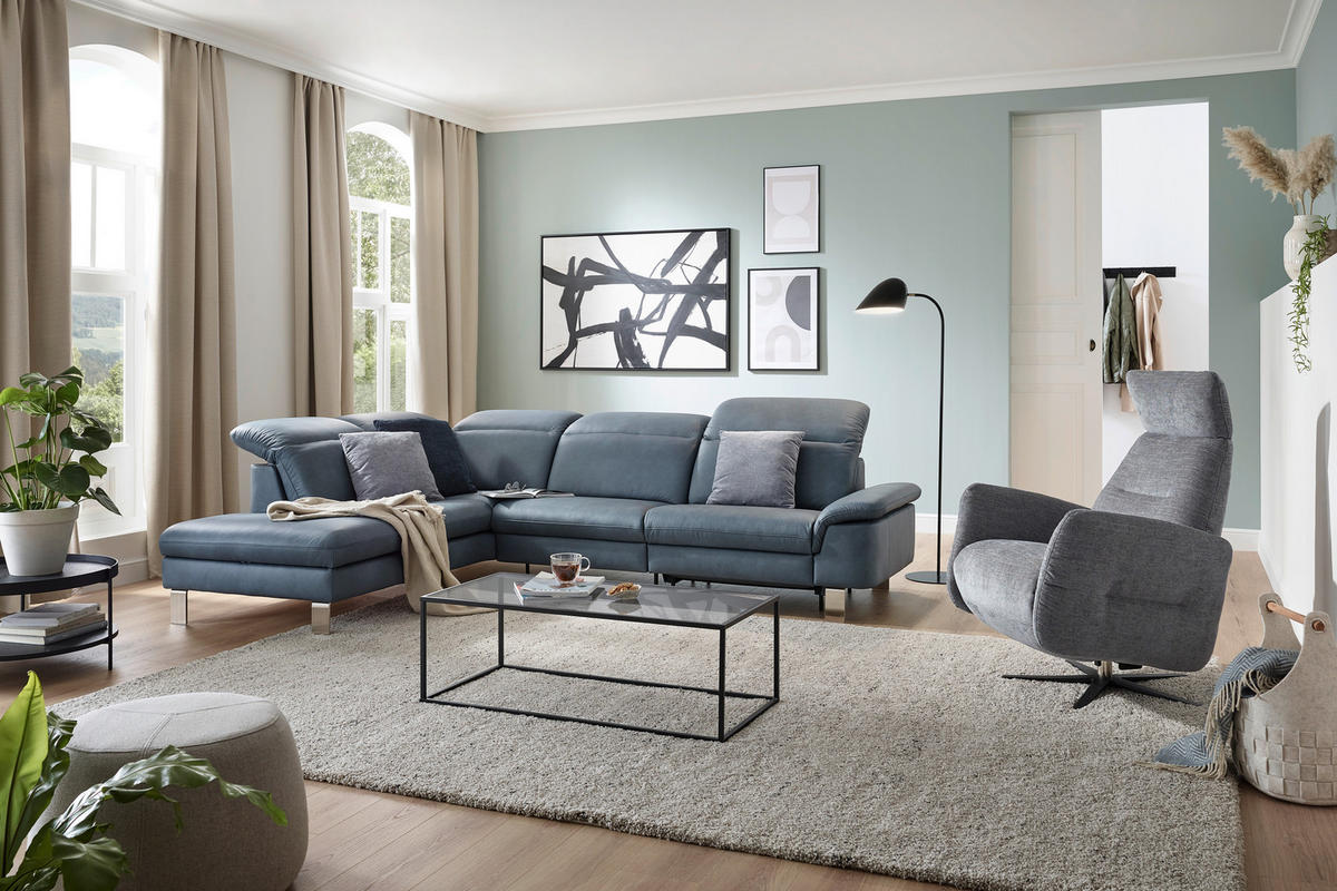 ECKSOFA in Echtleder Blaugrau  - Edelstahlfarben/Blaugrau, Design, Leder/Metall (309/233cm) - Dieter Knoll