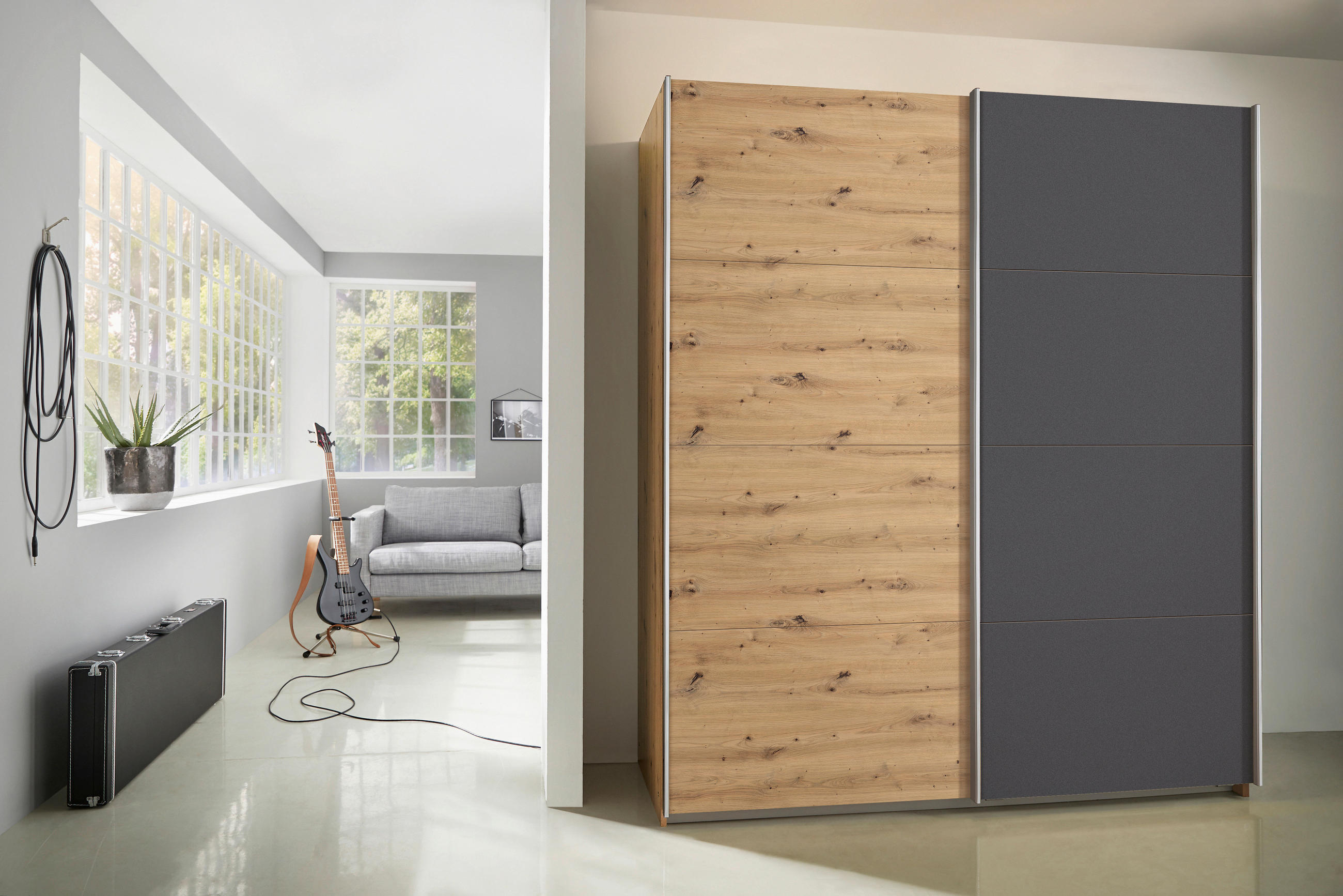 SCHWEBETÜRENSCHRANK 181/197/61 cm 2-türig Graphitfarben, Eiche Artisan - Graphitfarben/Alufarben, MODERN, Holzwerkstoff/Metall (181/197/61cm) - Rauch Möbel