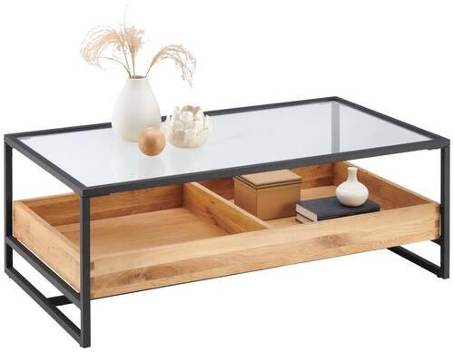 COUCHTISCH Eiche furniert, massiv ESG 110/60/40 cm rechteckig Klar, Schwarz, Eichefarben  - Klar/Eichefarben, Design, Glas/Holz (110/60/40cm) - Hom`in