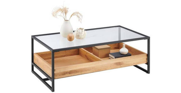 COUCHTISCH Eiche furniert, massiv rechteckig Klar, Schwarz, Eichefarben 110/40/60 cm  - Klar/Eichefarben, Design, Glas/Holz (110/40/60cm) - Hom`in