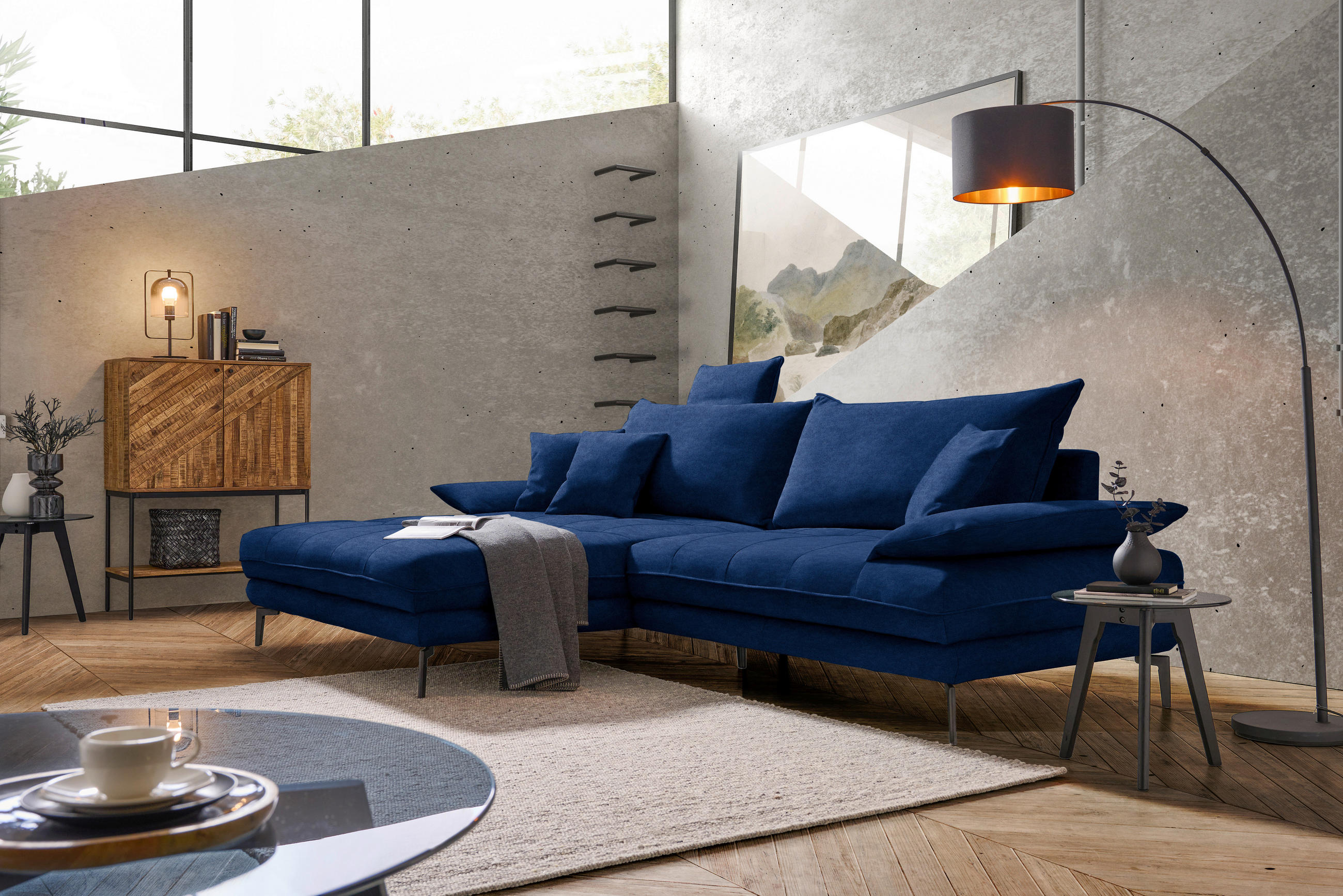 ECKSOFA PRATO Dunkelblau Mikrofaser  - Schwarz/Dunkelblau, MODERN, Textil/Metall (176/292cm) - MID.YOU