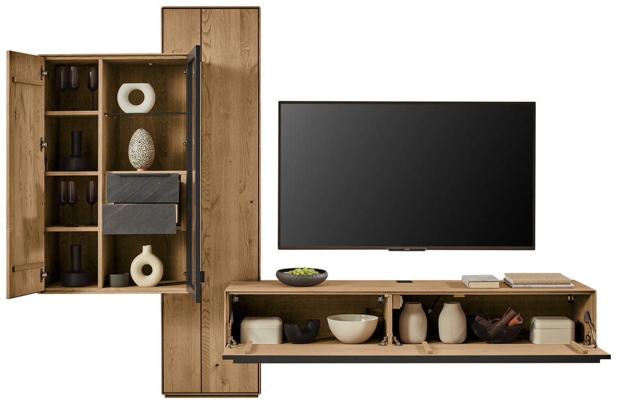 WOHNWAND 3-teilig  Anthrazit, Kastanienfarben 273,8/205,5/39,5 cm  - Kastanienfarben/Anthrazit, Natur, Glas/Holz (273,8/205,5/39,5cm) - Valnatura