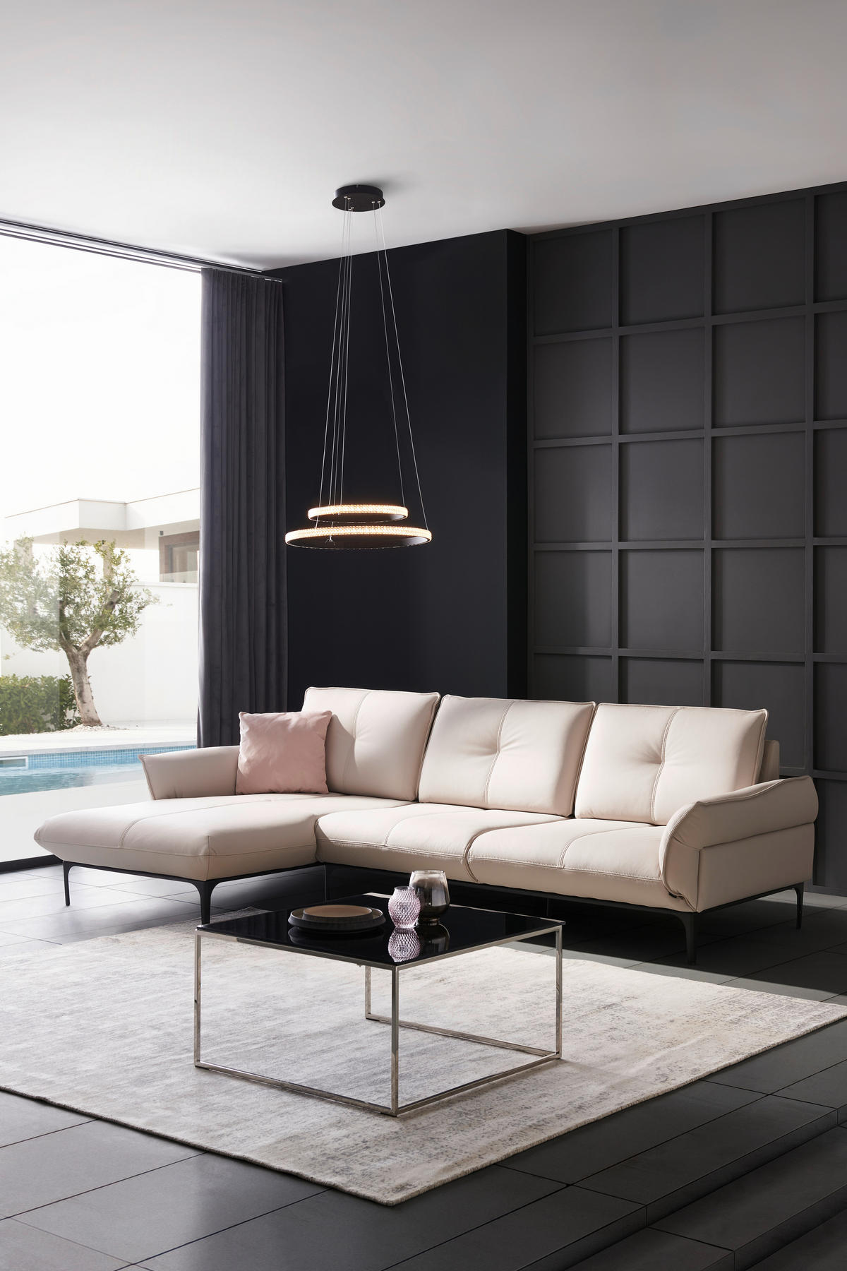 ECKSOFA Florenz Creme Echtleder  - Creme/Schwarz, Design, Leder/Metall (182/325cm) - Valnatura