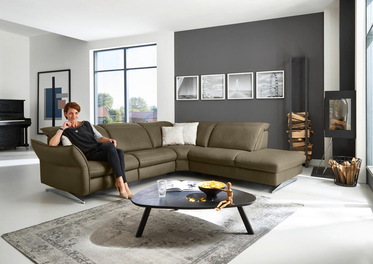 ECKSOFA in Echtleder Mokka  - Edelstahlfarben/Mokka, Design, Leder/Metall (292/258cm) - Hukla