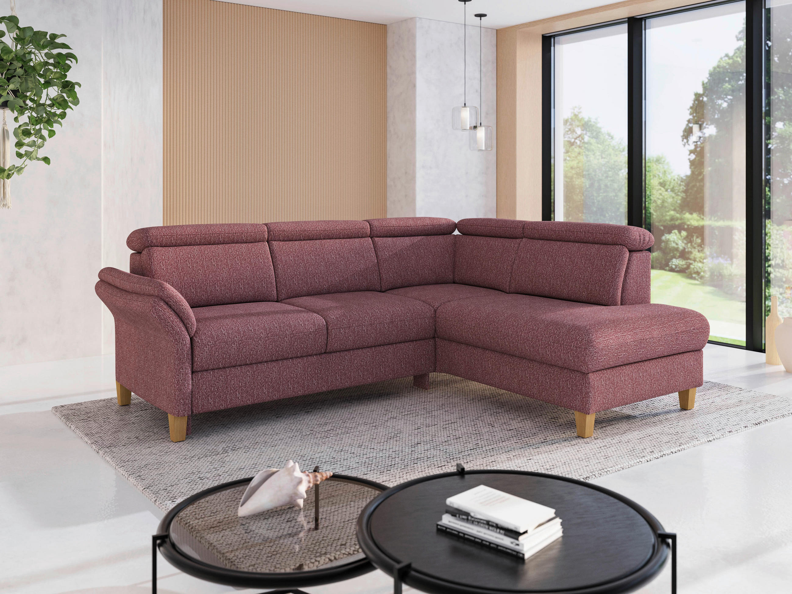 ECKSOFA GLENDALE E Aubergine Chenille  - Eichefarben/Aubergine, KONVENTIONELL, Holz/Textil (247/193cm) - Sit & More